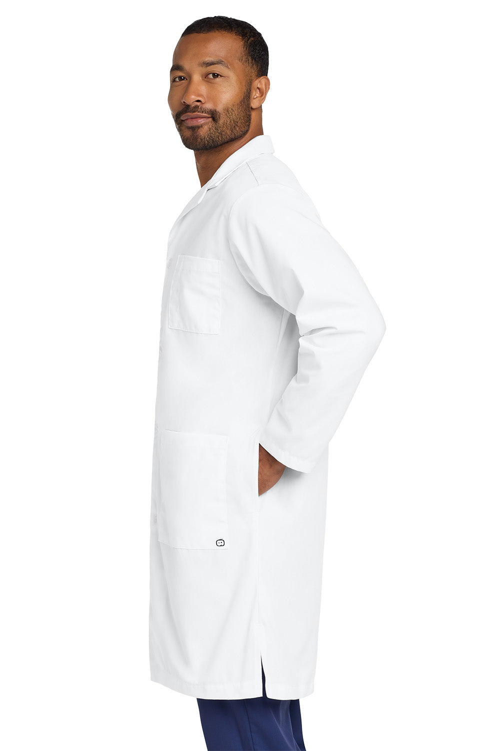 Man wearing a white lab coat on a white background Wink® Men's Consultation Lab Coat, Embroidered