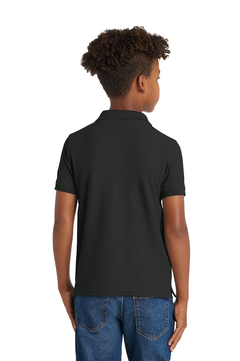 Person wearing a black polo shirt and blue jeans on a white background. Port Authority® Youth Core Classic Pique Polo, Embroidered by Helmsman Stitch Co.