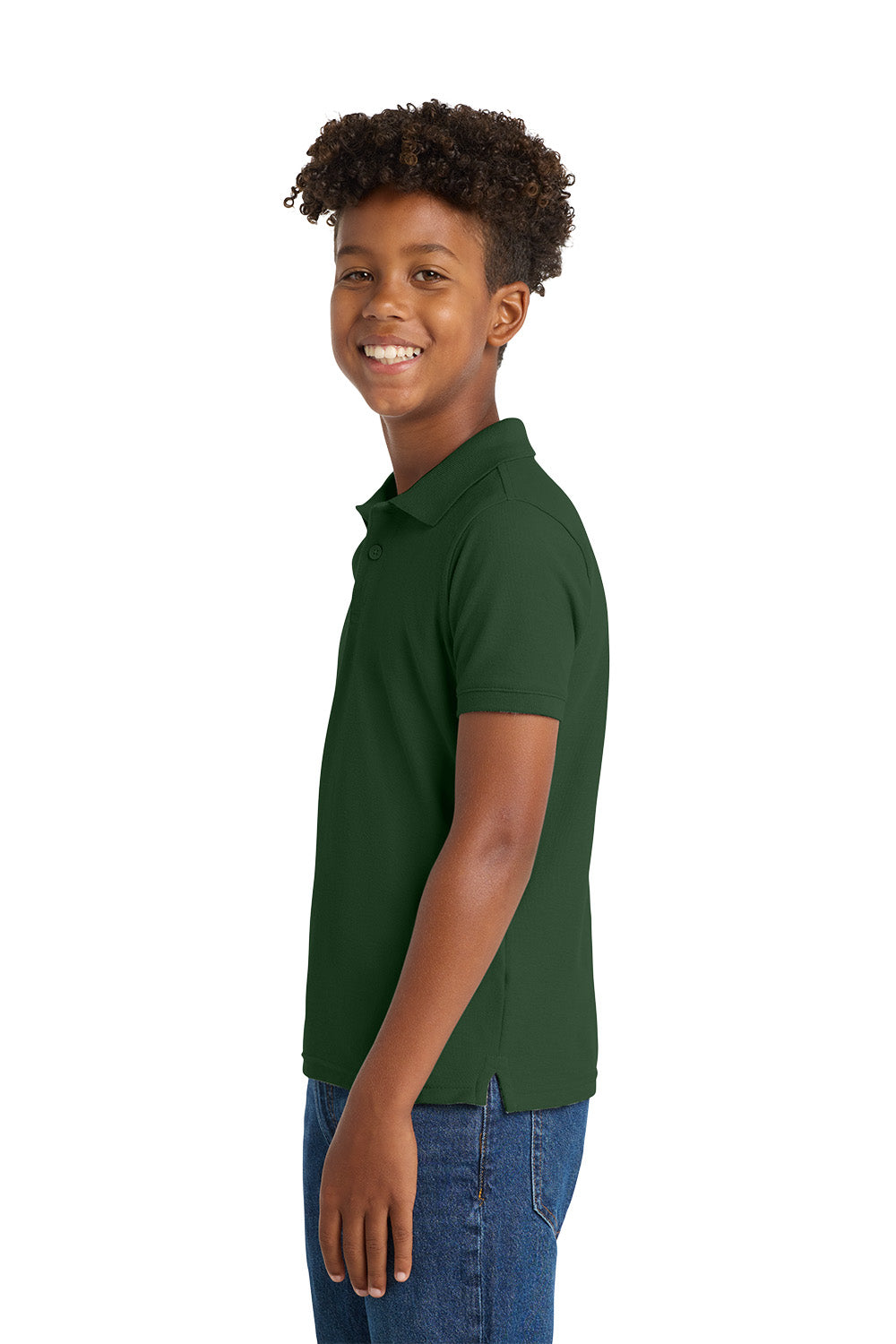 Child wearing a green polo shirt on a white background. Port Authority® Youth Core Classic Pique Polo, Embroidered by Helmsman Stitch Co.