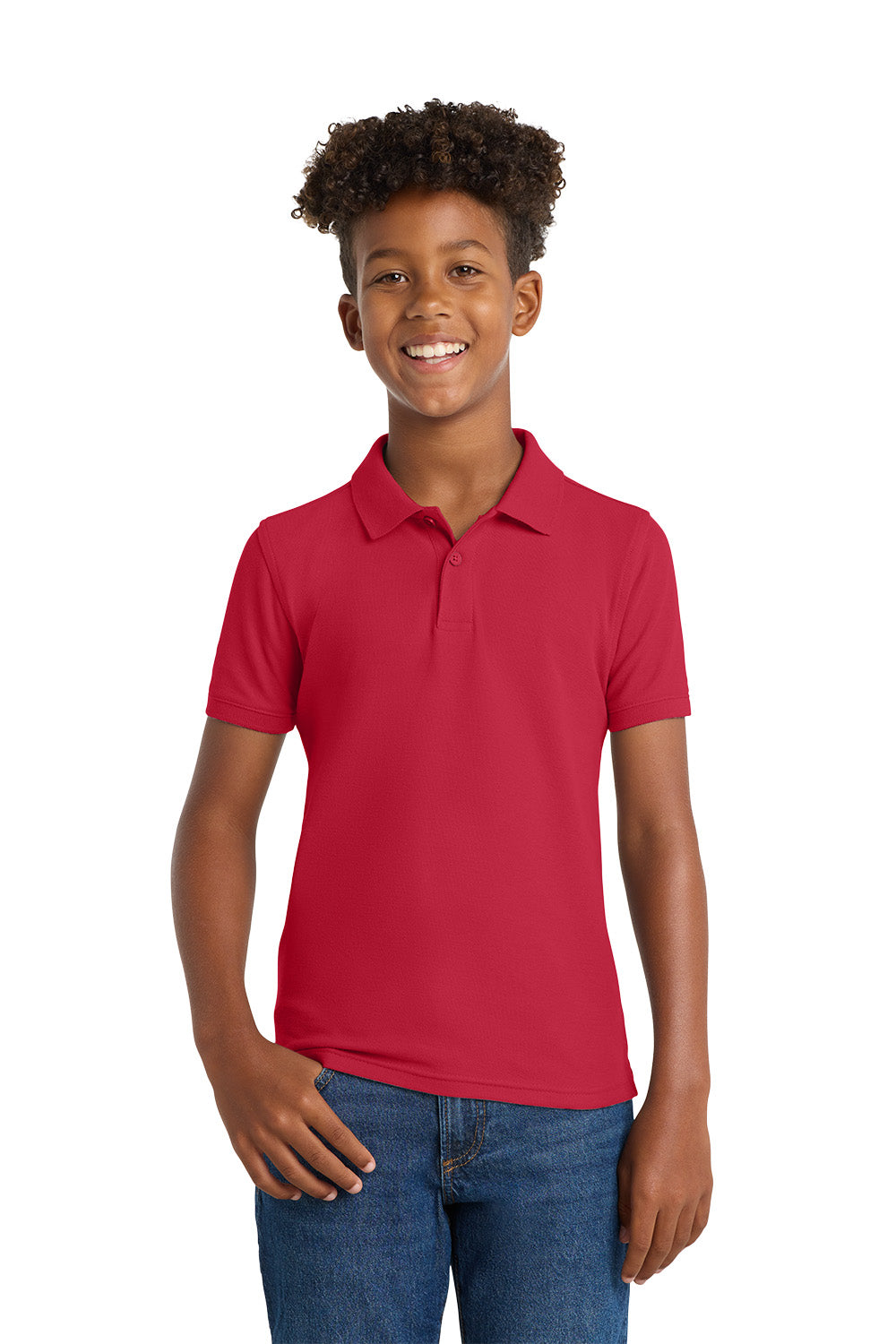 Person wearing a red polo shirt on a white background. Port Authority® Youth Core Classic Pique Polo, Embroidered by Helmsman Stitch Co.