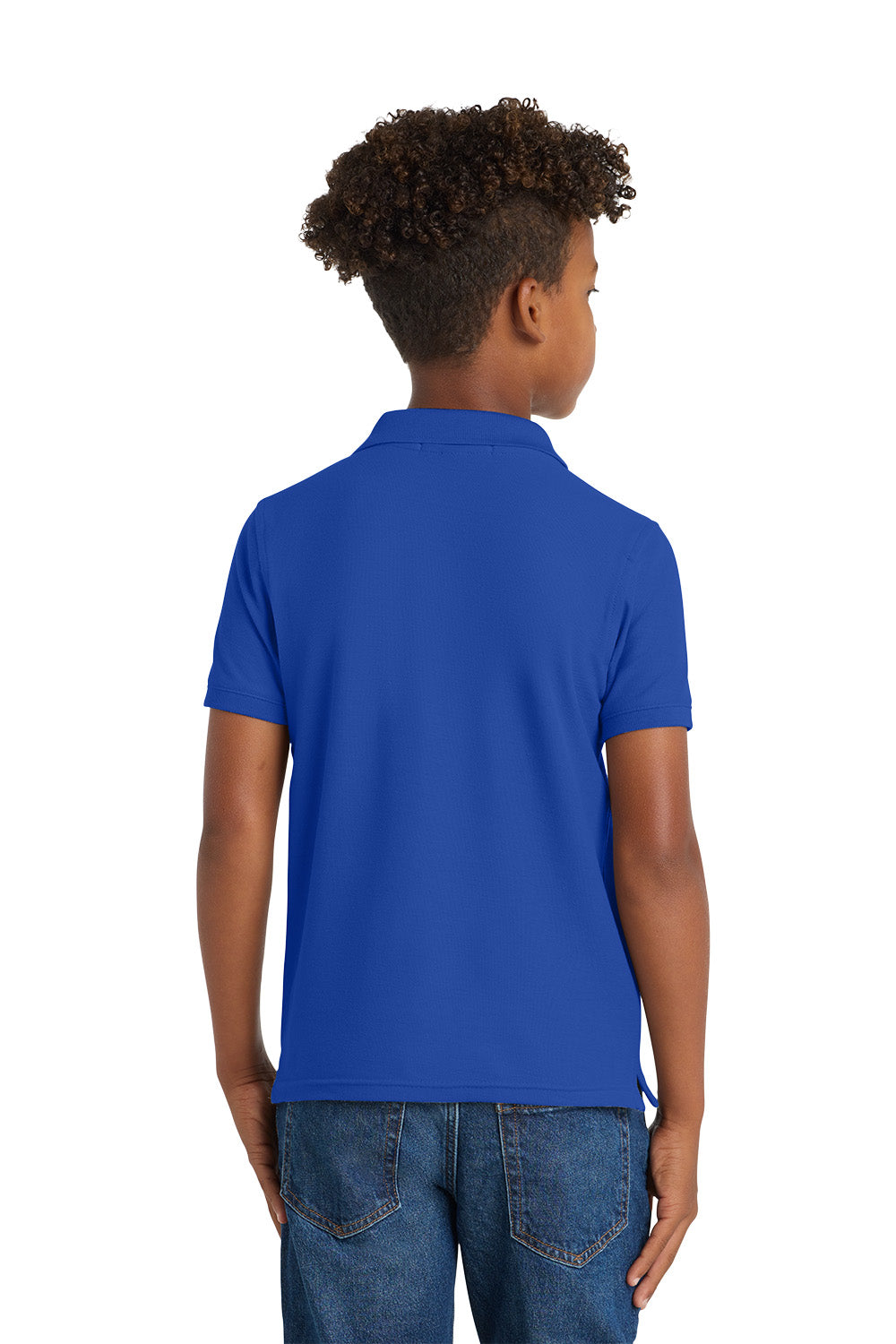 Child wearing a blue polo shirt on a white background. Port Authority® Youth Core Classic Pique Polo, Embroidered by Helmsman Stitch Co.