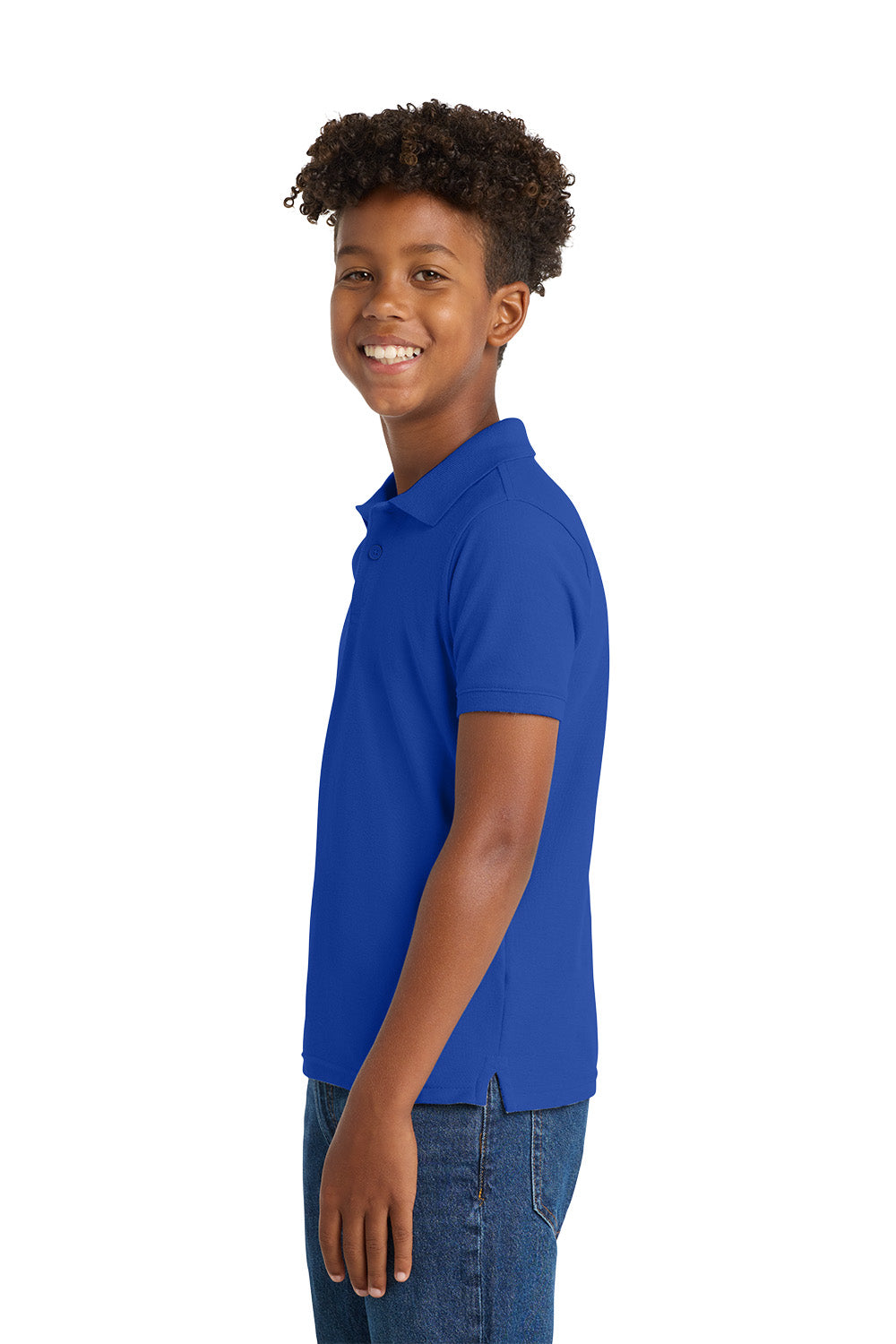 Child wearing a blue polo shirt on a white background. Port Authority® Youth Core Classic Pique Polo, Embroidered by Helmsman Stitch Co.