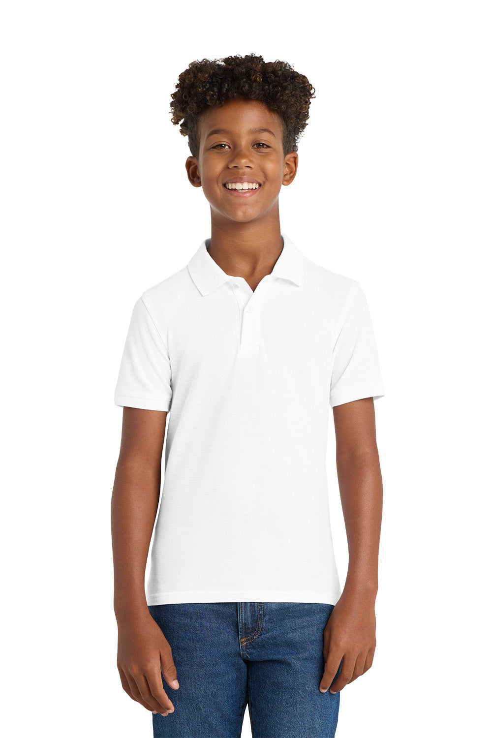 Child wearing a white polo shirt and blue jeans on a white background. Port Authority® Youth Core Classic Pique Polo, Embroidered by Helmsman Stitch Co.