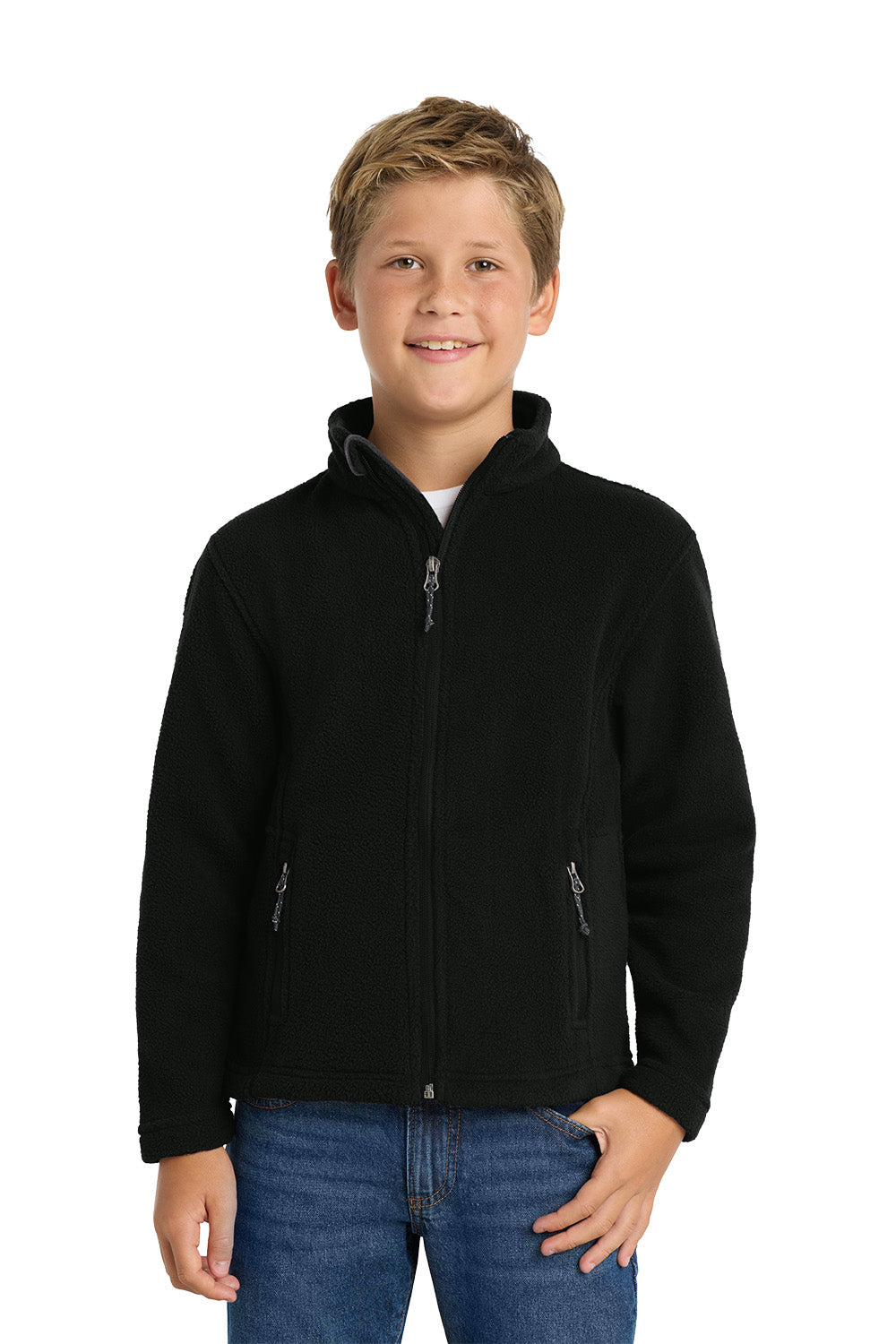 Young boy wearing a black jacket on a white background, Port Authority® Youth Value Fleece Jacket, Embroidered by Helmsman Stitch Co.