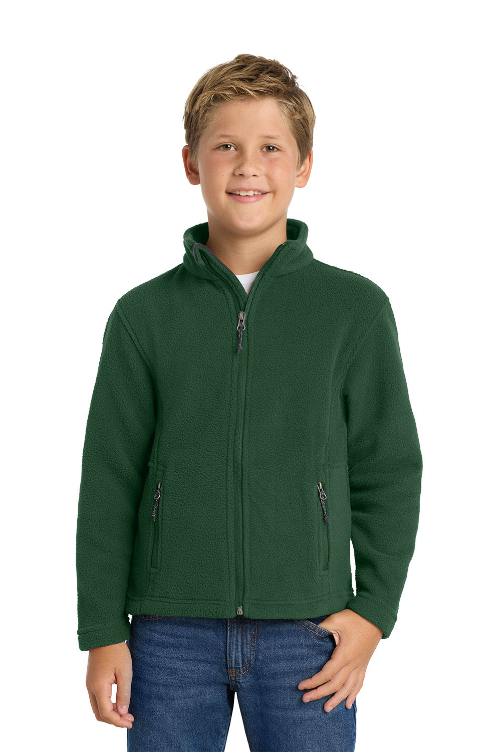 Child wearing a green jacket on a white background. Port Authority® Youth Value Fleece Jacket, Embroidered by Helmsman Stitch Co.