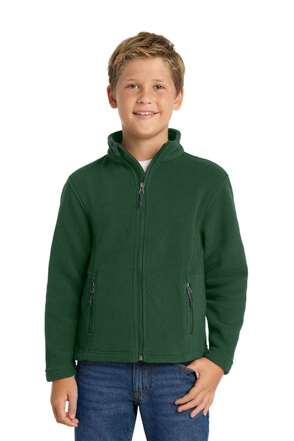 Child wearing a green jacket on a white background. Port Authority® Youth Value Fleece Jacket, Embroidered by Helmsman Stitch Co.