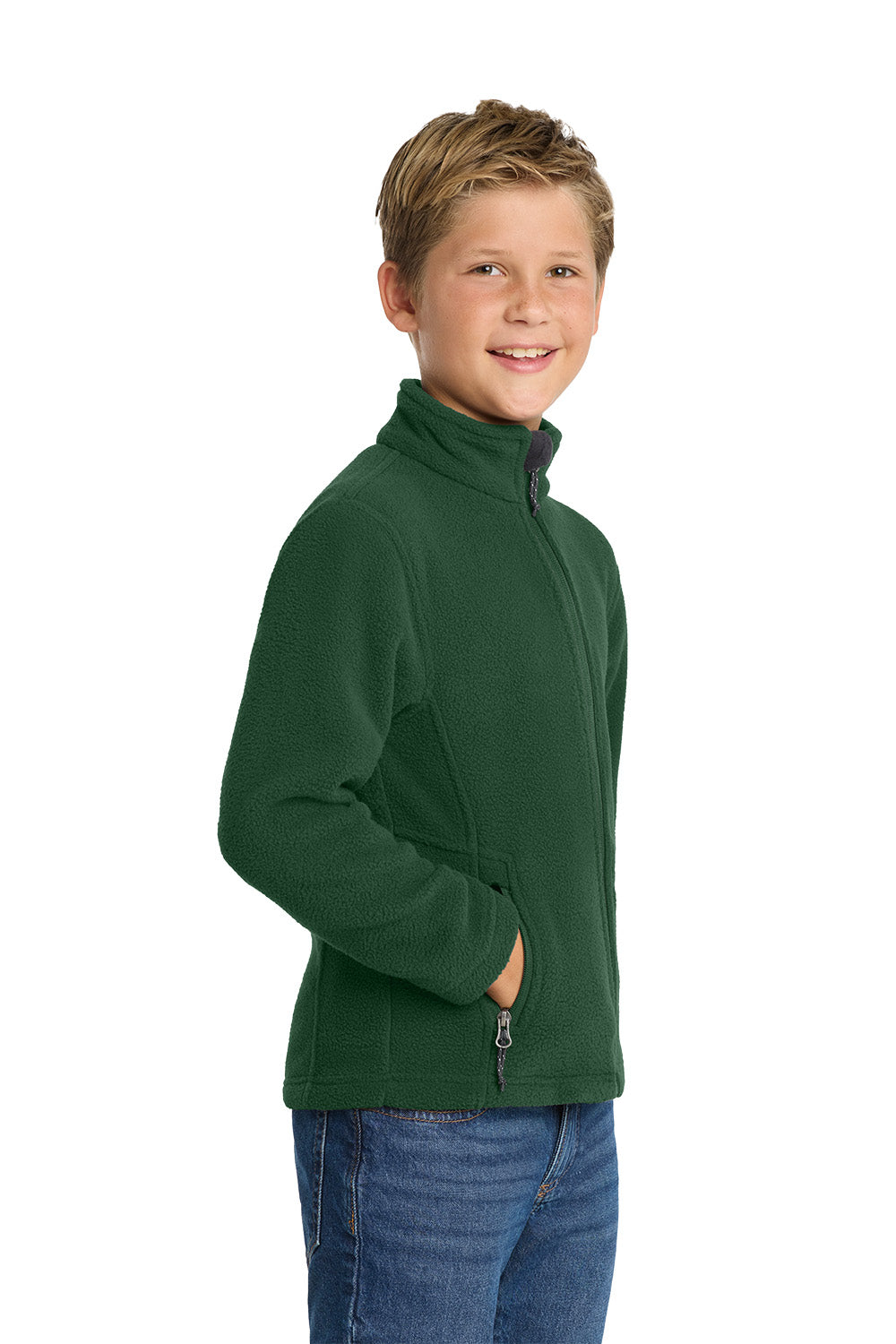 Young boy wearing a green fleece jacket on a white background. Port Authority® Youth Value Fleece Jacket, Embroidered by Helmsman Stitch Co.