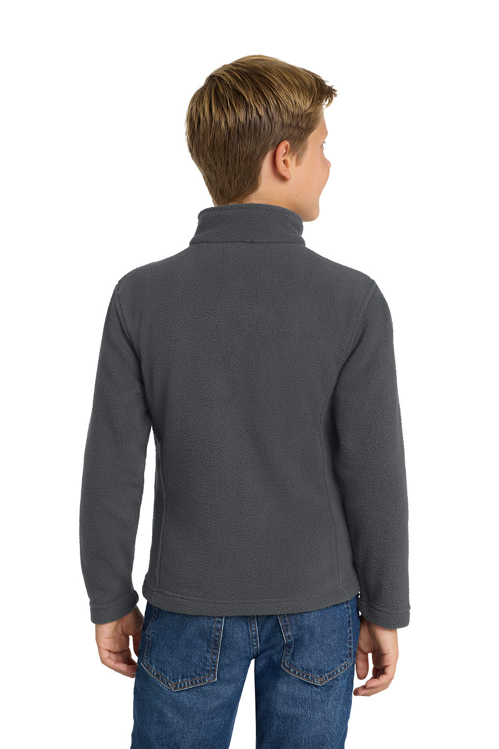 Person wearing a gray pullover with a white background. Port Authority® Youth Value Fleece Jacket, Embroidered by Helmsman Stitch Co.
