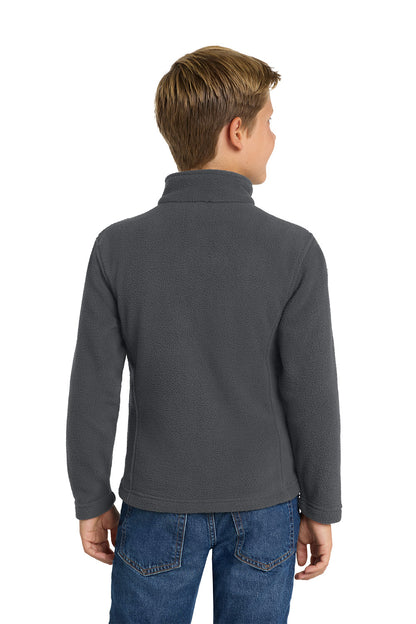 Person wearing a gray pullover with a white background. Port Authority® Youth Value Fleece Jacket, Embroidered by Helmsman Stitch Co.