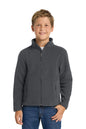Child wearing a gray fleece jacket on a white background. Port Authority® Youth Value Fleece Jacket, Embroidered by Helmsman Stitch Co.