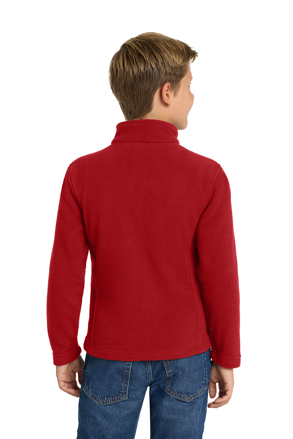 Child wearing a red fleece jacket on a white background. Port Authority® Youth Value Fleece Jacket, Embroidered by Helmsman Stitch Co.