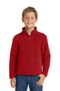 Child wearing a red fleece jacket on a white background. Port Authority® Youth Value Fleece Jacket, Embroidered by Helmsman Stitch Co.
