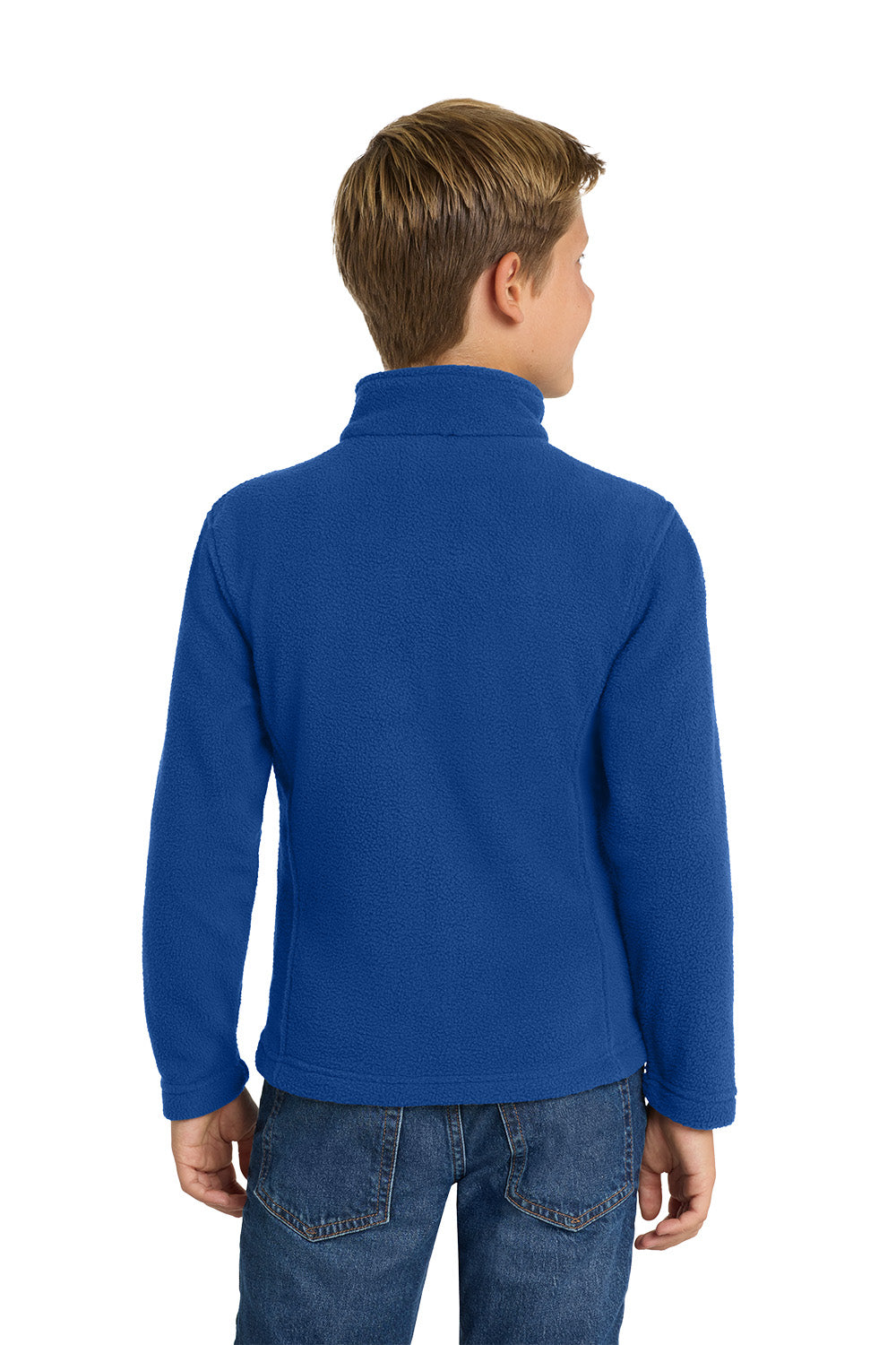Child wearing a blue pullover with a white background. Port Authority® Youth Value Fleece Jacket, Embroidered by Helmsman Stitch Co.