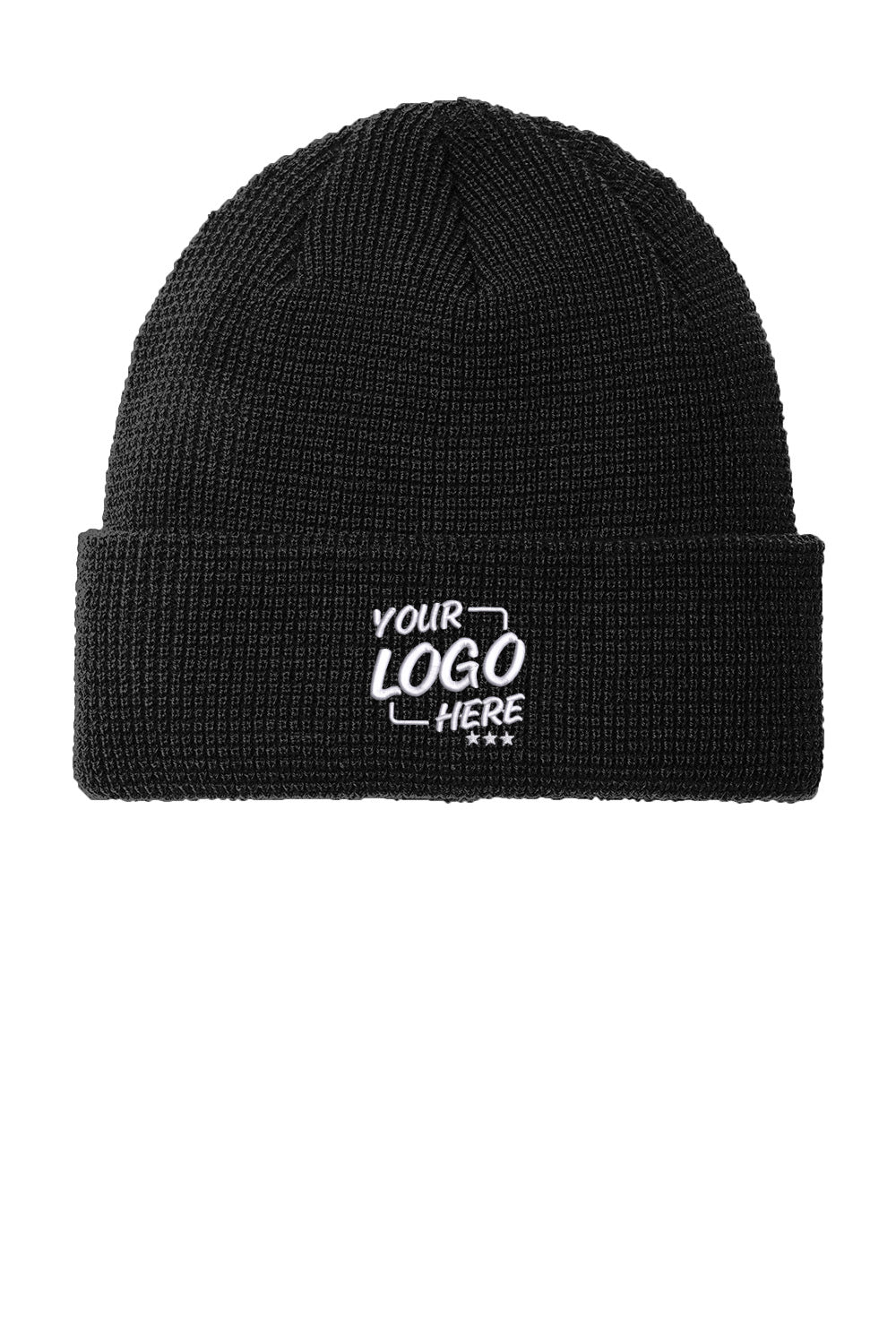 A black ribbed knit beanie hat with a white embroidered placeholder text reading 'YOUR LOGO HERE' on the front cuff, shown against a plain white background. Port Authority® Thermal Knit Cuff Beanie, Embroidered