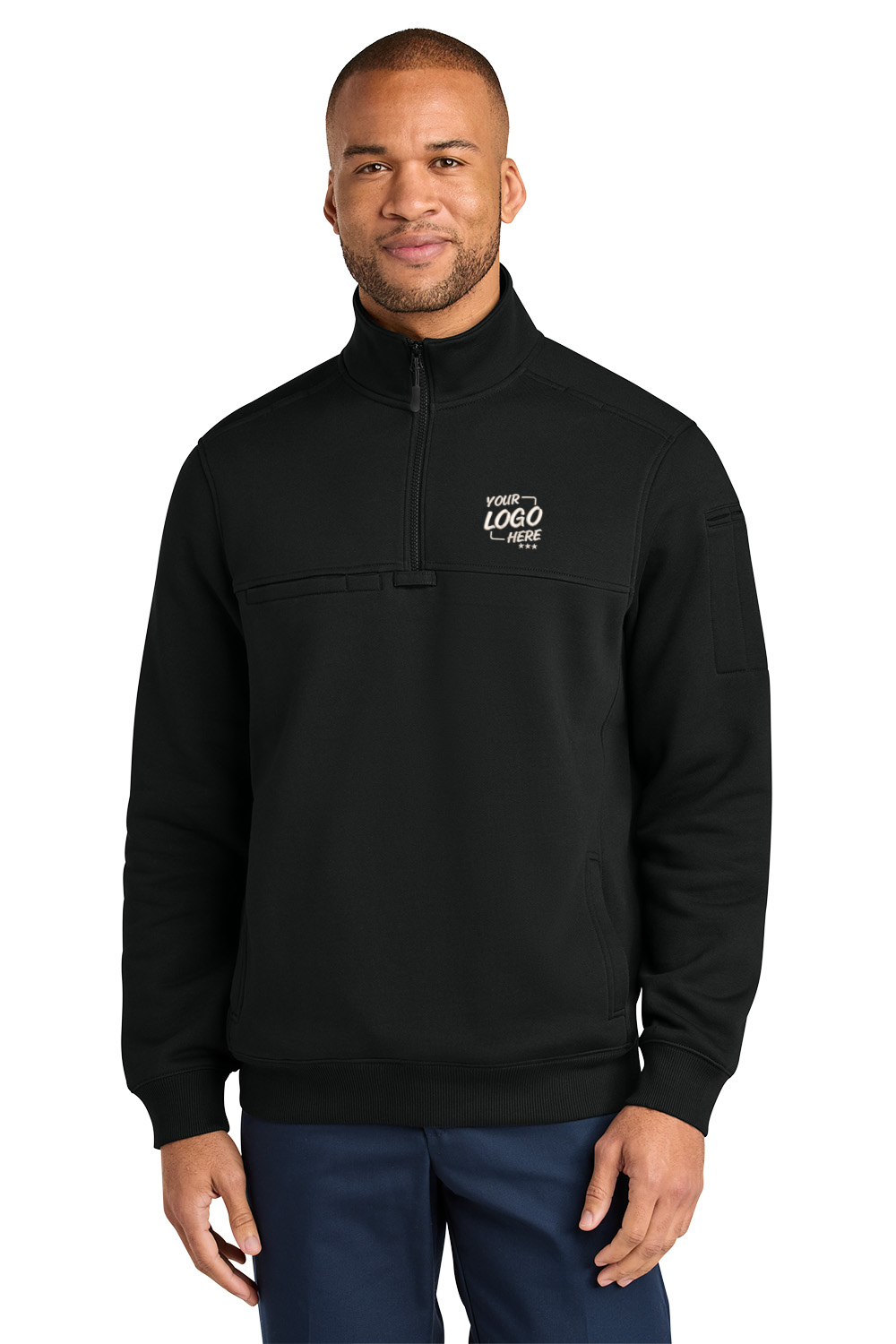 A man wearing a black quarter-zip pullover sweatshirt with a mock neck and a small black logo on the left sleeve, paired with navy blue pants, against a solid white background. CornerStone® 12-Oz. Tough Fleece Job Shirt, Embroidered