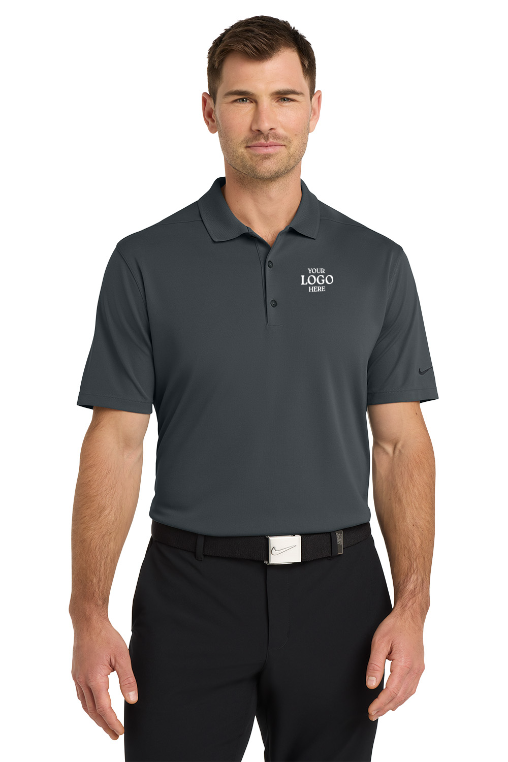 Man wearing a dark gray polo shirt with 'nationalgrid' logo on a white background. Nike Dri-FIT Micro Pique 2.0 Polo, Embroidered by Helmsman Stitch Co.