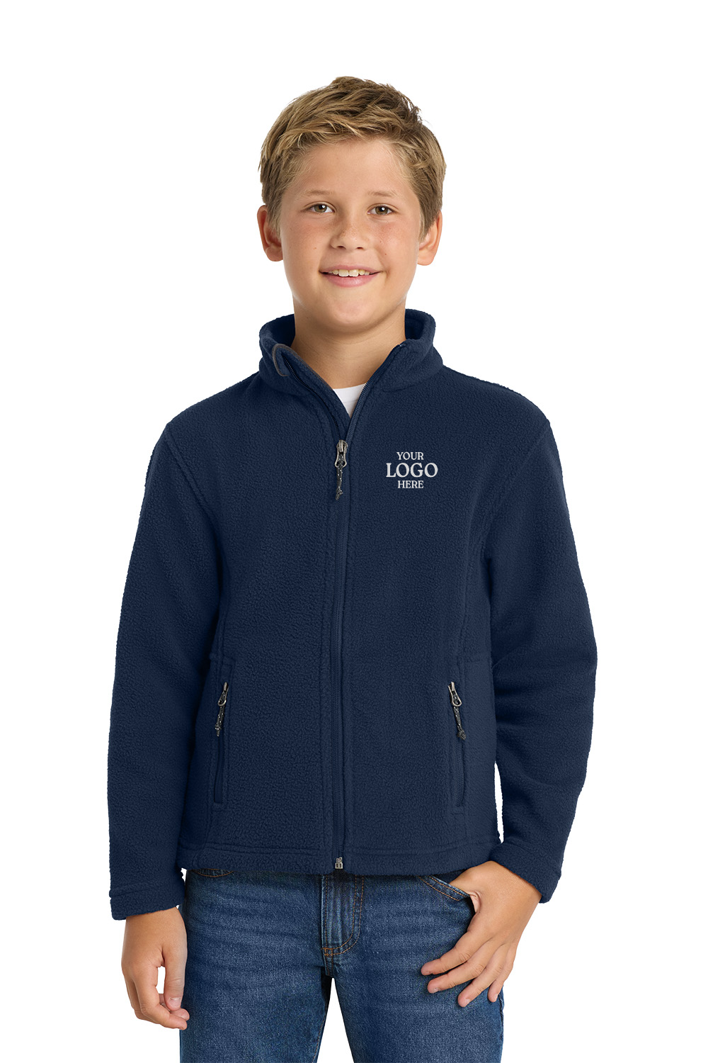 Child wearing a navy blue jacket with a logo on a white background. Port Authority® Youth Value Fleece Jacket, Embroidered by Helmsman Stitch Co.