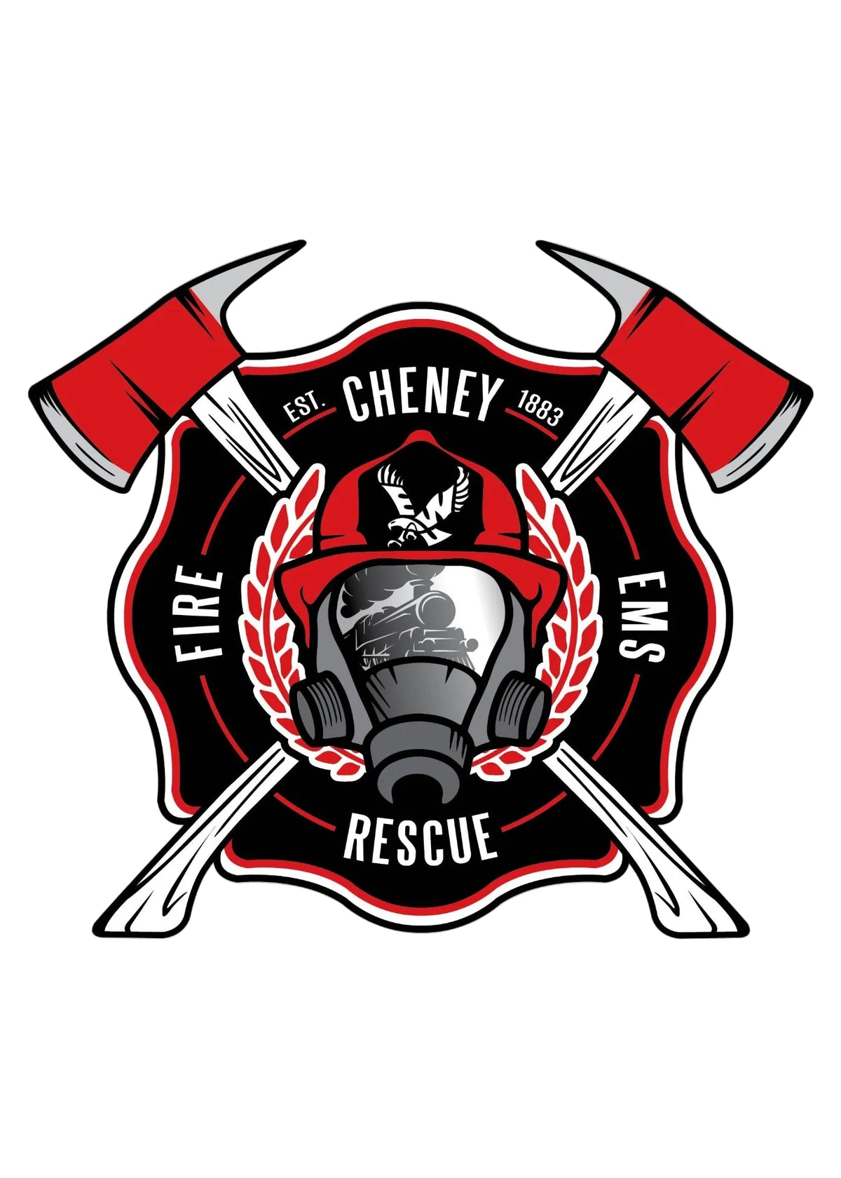 A fire rescue emblem or shield design with crossed red and white axes, a red firefighter helmet, a gray gas mask, laurel branches, and the text 'FIRE RESCUE', 'EMS', 'EST. CHENey 1893' on a white background.